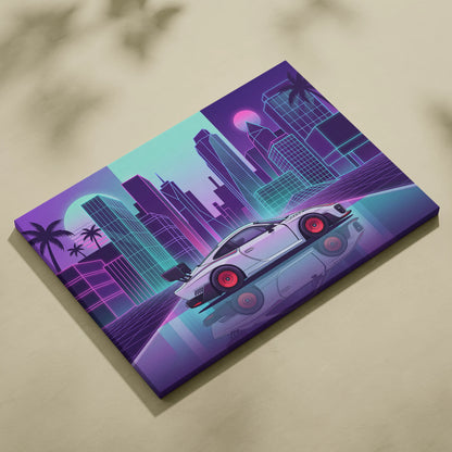 Porsche 935 Inspired White Purple Canvas Wall Art Vaporwave Race Car Artwork Neon City Garage Decor Retro Futuristic Motorsport Print