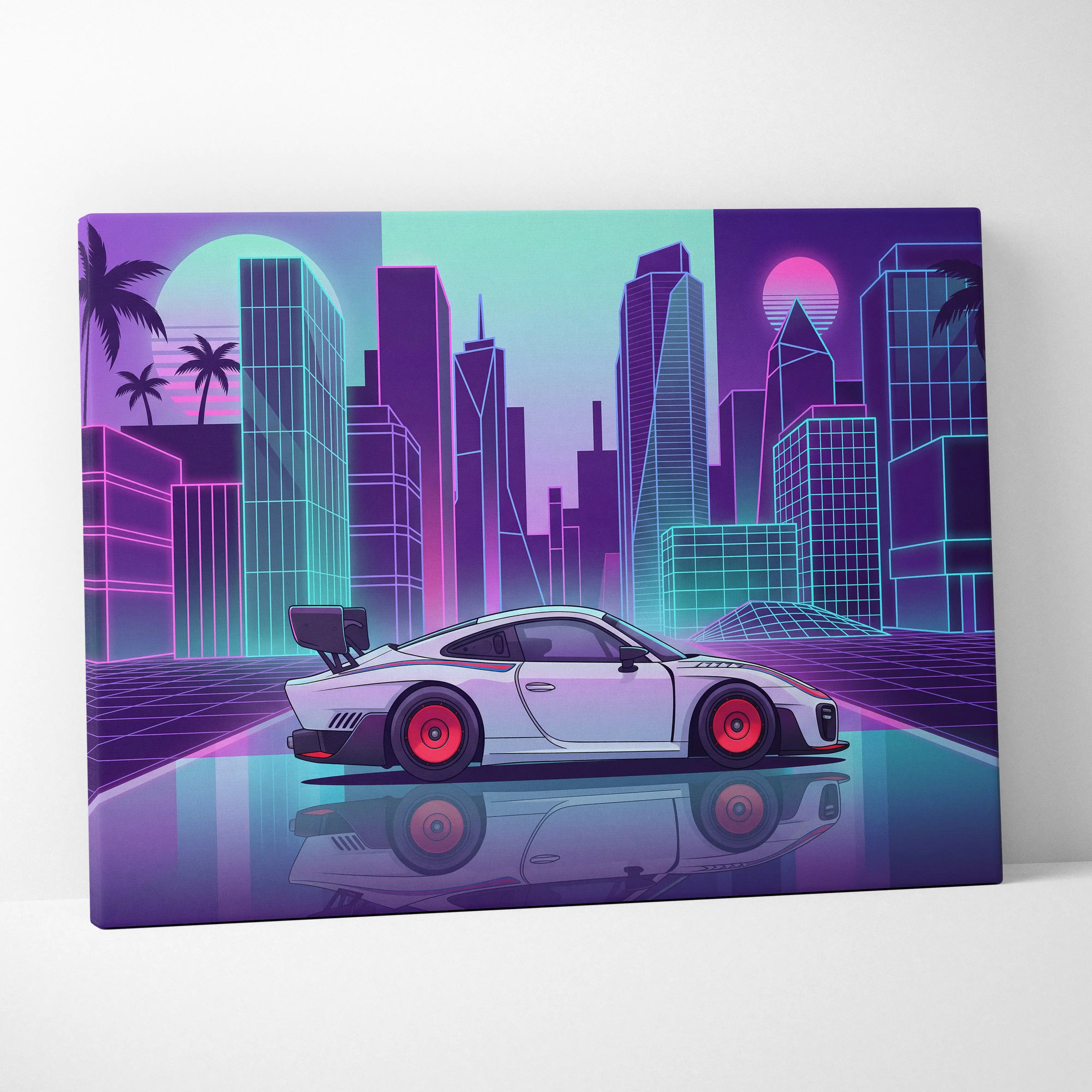 Porsche 935 Inspired White Purple Canvas Wall Art Vaporwave Race Car Artwork Neon City Garage Decor Retro Futuristic Motorsport Print