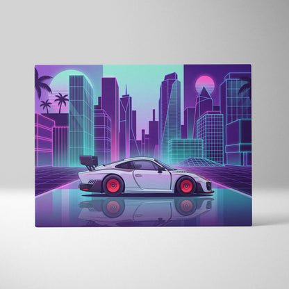 Porsche 935 Inspired White Purple Canvas Wall Art Vaporwave Race Car Artwork Neon City Garage Decor Retro Futuristic Motorsport Print