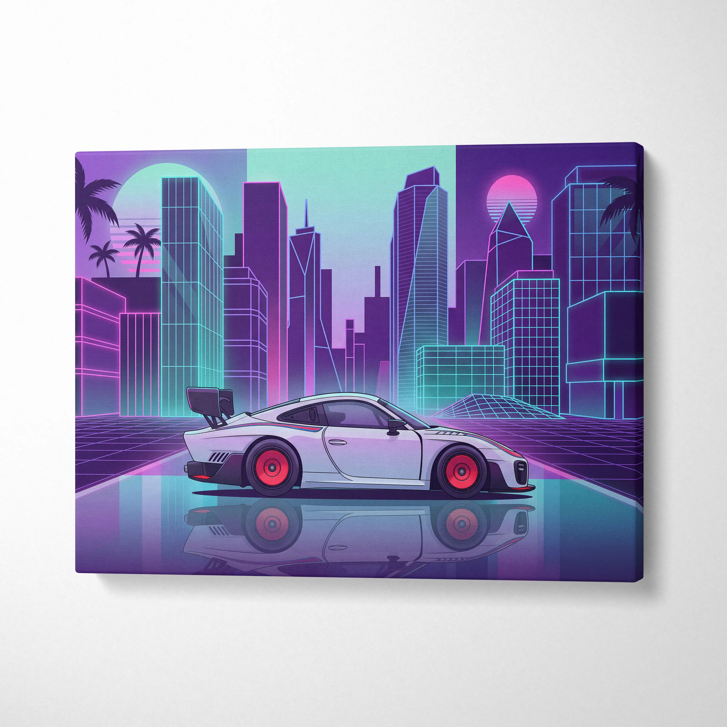 Porsche 935 Inspired White Purple Canvas Wall Art Vaporwave Race Car Artwork Neon City Garage Decor Retro Futuristic Motorsport Print