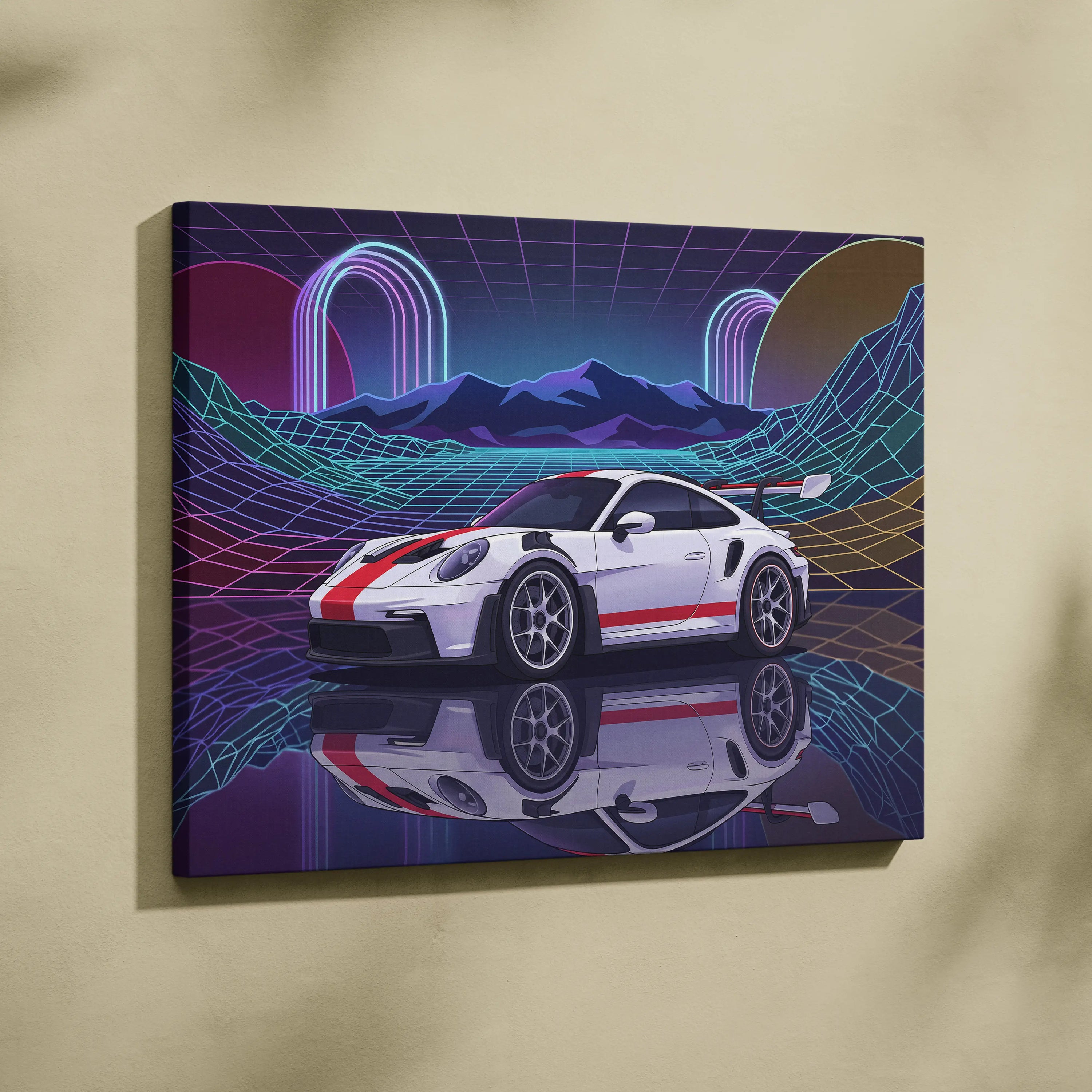 Porsche 911 GT3 RS Inspired White Red Canvas Wall Art Vaporwave Neon Grid Sports Car Artwork, Retro Sunset Garage Decor