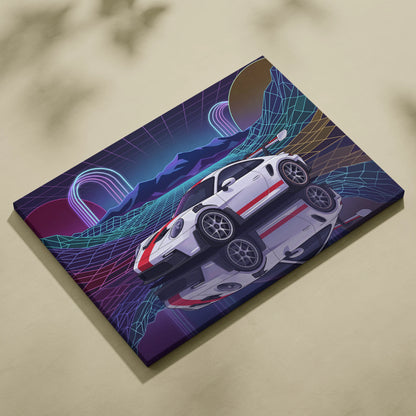 Porsche 911 GT3 RS Inspired White Red Canvas Wall Art Vaporwave Neon Grid Sports Car Artwork, Retro Sunset Garage Decor