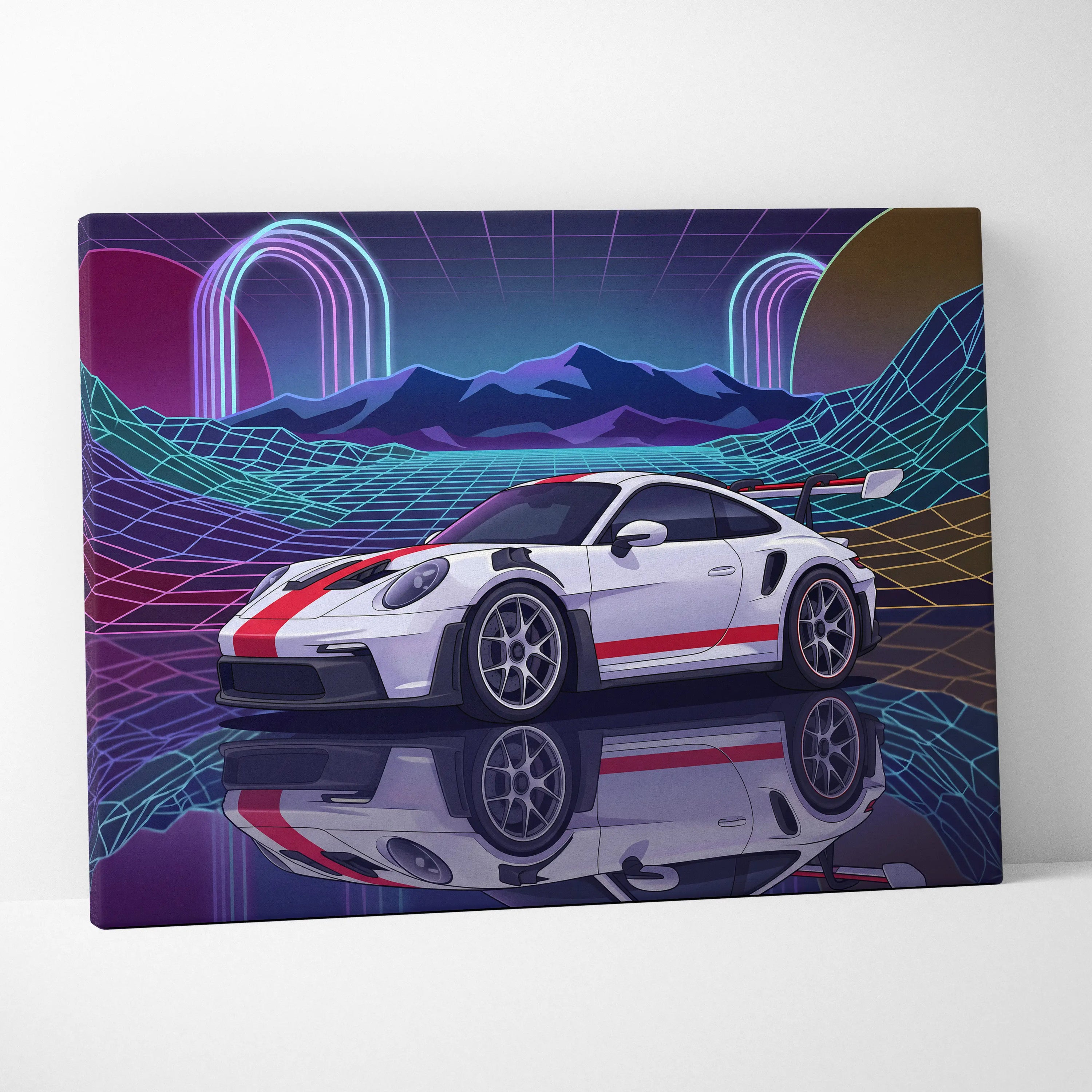 Porsche 911 GT3 RS Inspired White Red Canvas Wall Art Vaporwave Neon Grid Sports Car Artwork, Retro Sunset Garage Decor