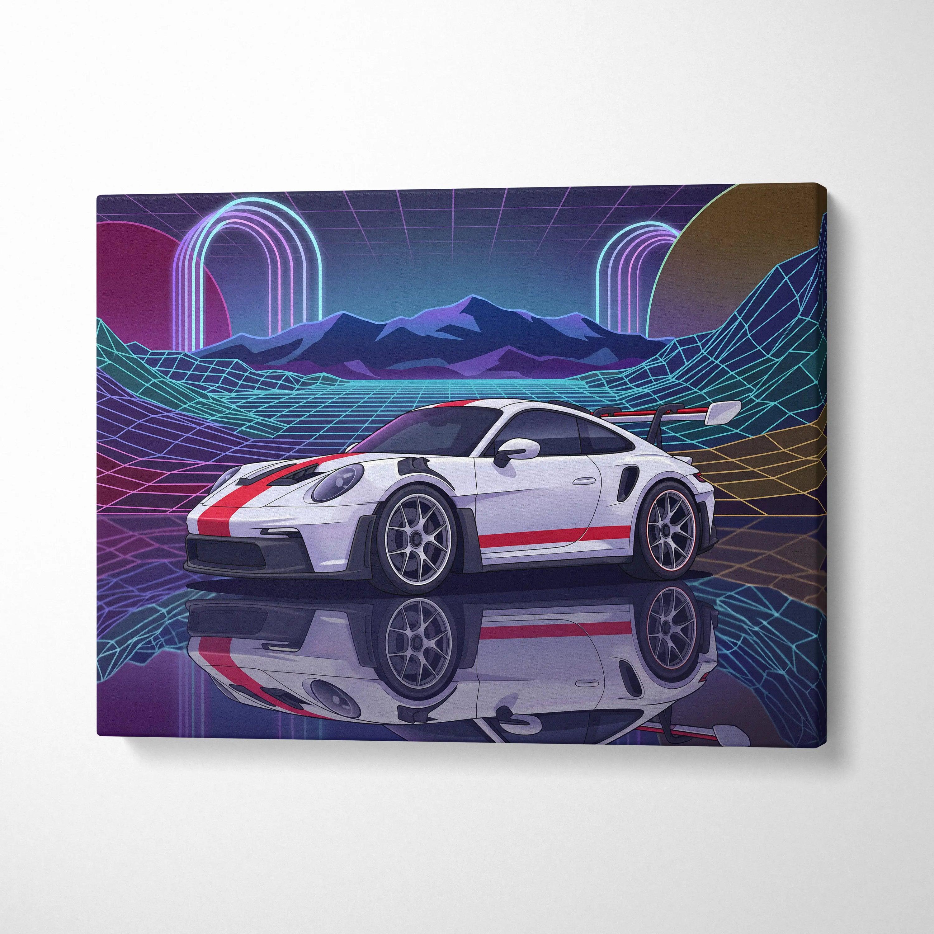Porsche 911 GT3 RS Inspired White Red Canvas Wall Art Vaporwave Neon Grid Sports Car Artwork, Retro Sunset Garage Decor