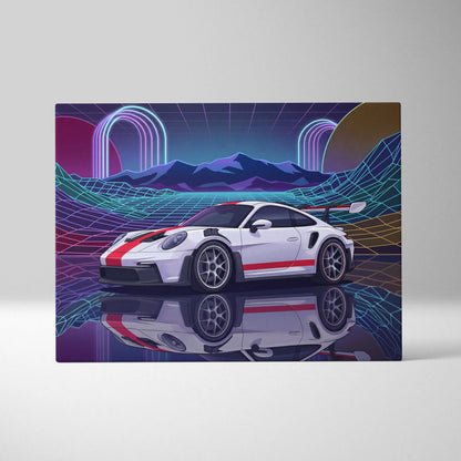 Porsche 911 GT3 RS Inspired White Red Canvas Wall Art Vaporwave Neon Grid Sports Car Artwork, Retro Sunset Garage Decor