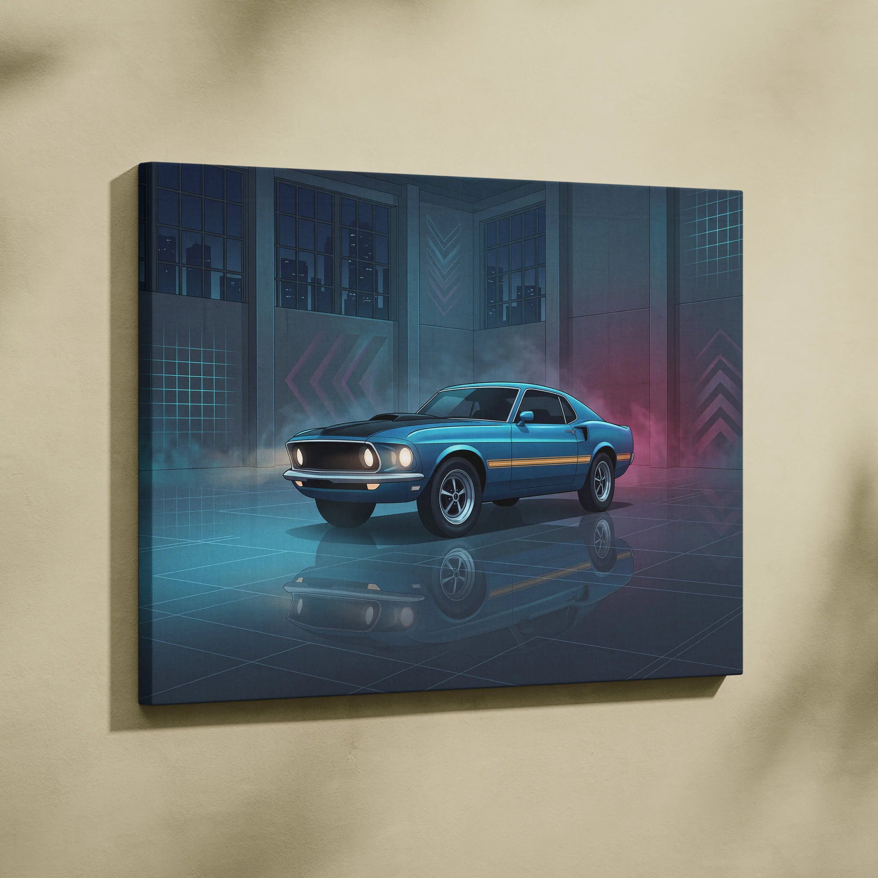 Ford Mustang Mach 1 Inspired Blue Purple Canvas Wall Art, Vaporwave Muscle Car Artwork, Neon Grid Garage Decor, Retro Futuristic Classic Print