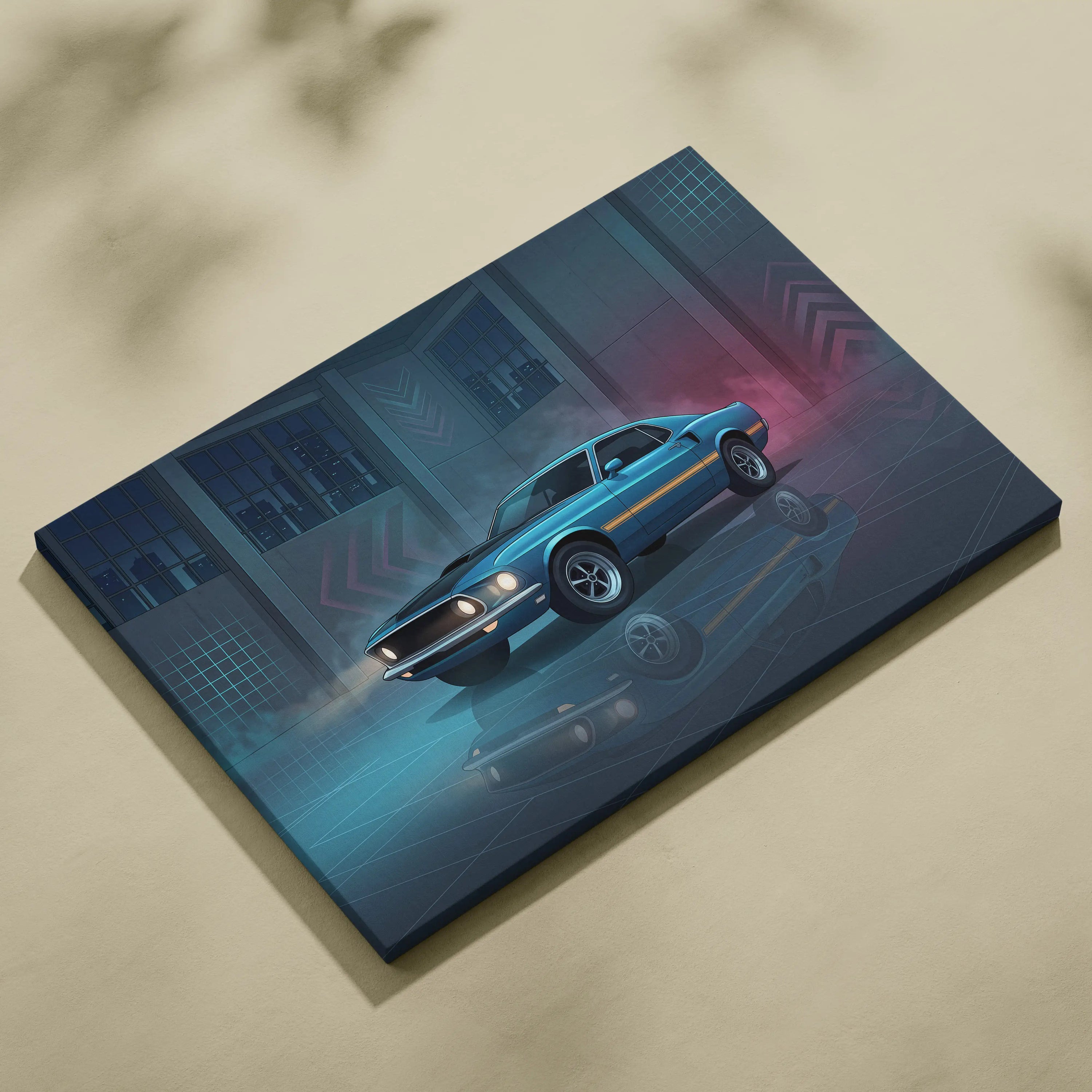 Ford Mustang Mach 1 Inspired Blue Purple Canvas Wall Art, Vaporwave Muscle Car Artwork, Neon Grid Garage Decor, Retro Futuristic Classic Print