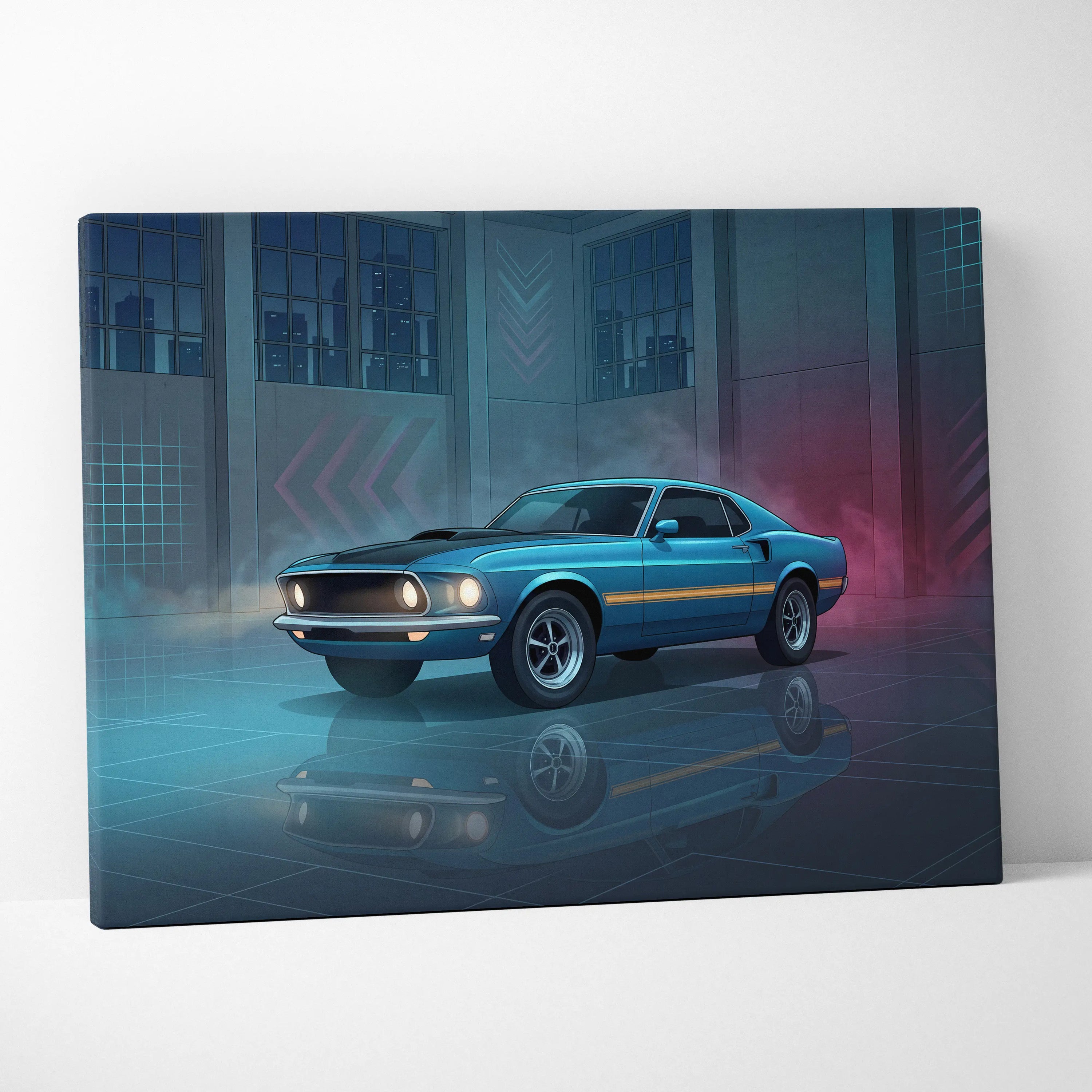 Ford Mustang Mach 1 Inspired Blue Purple Canvas Wall Art, Vaporwave Muscle Car Artwork, Neon Grid Garage Decor, Retro Futuristic Classic Print