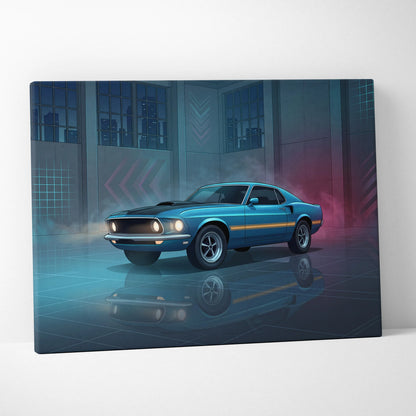 Ford Mustang Mach 1 Inspired Blue Purple Canvas Wall Art, Vaporwave Muscle Car Artwork, Neon Grid Garage Decor, Retro Futuristic Classic Print