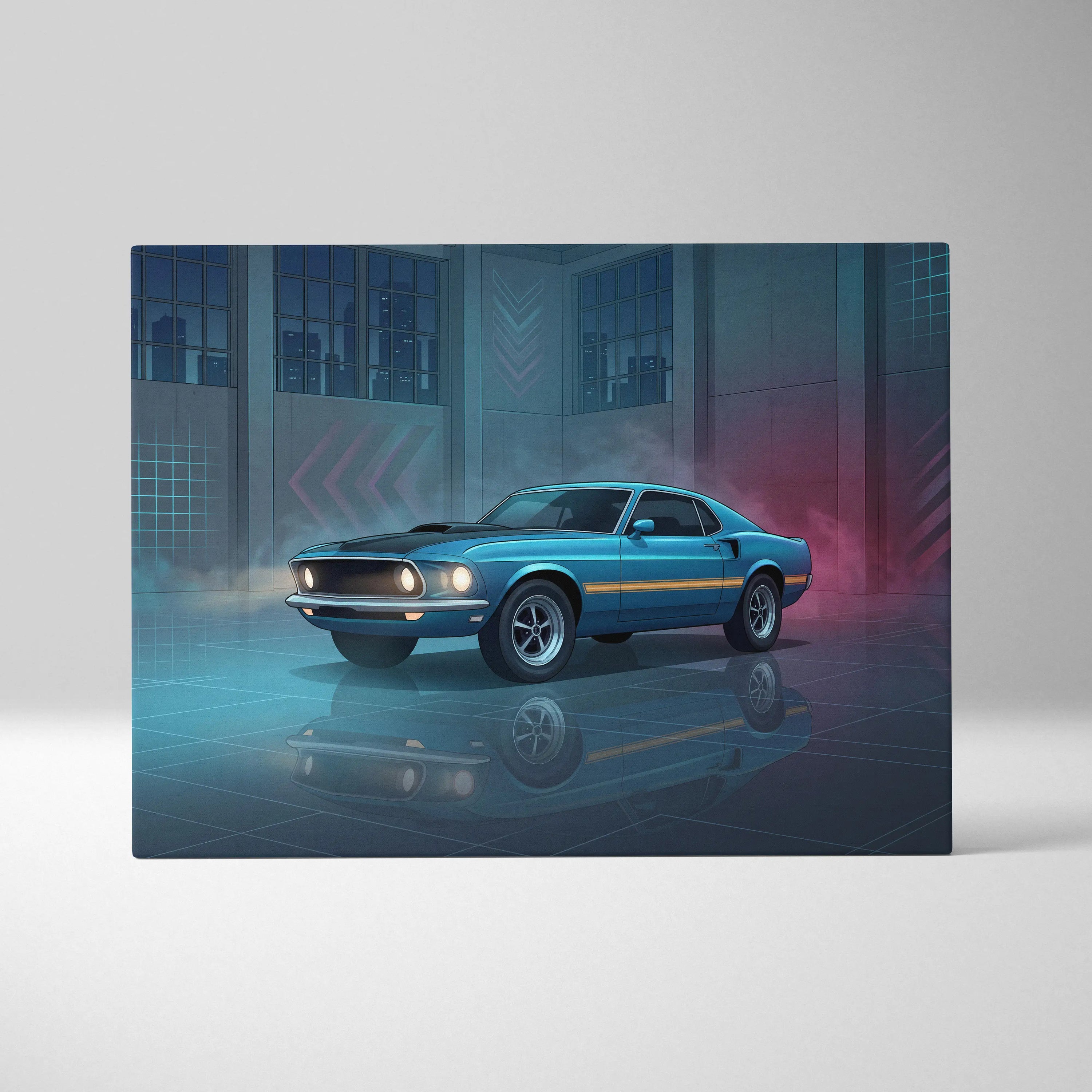 Ford Mustang Mach 1 Inspired Blue Purple Canvas Wall Art, Vaporwave Muscle Car Artwork, Neon Grid Garage Decor, Retro Futuristic Classic Print