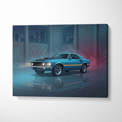 Ford Mustang Mach 1 Inspired Blue Purple Canvas Wall Art, Vaporwave Muscle Car Artwork, Neon Grid Garage Decor, Retro Futuristic Classic Print