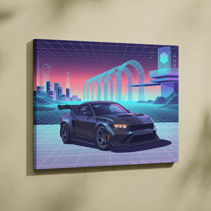 Ford Mustang Dark Horse Inspired Gray Purple Canvas Wall Art, Vaporwave Muscle Car Artwork, Neon Grid Garage Decor, Retro Futuristic Auto Print