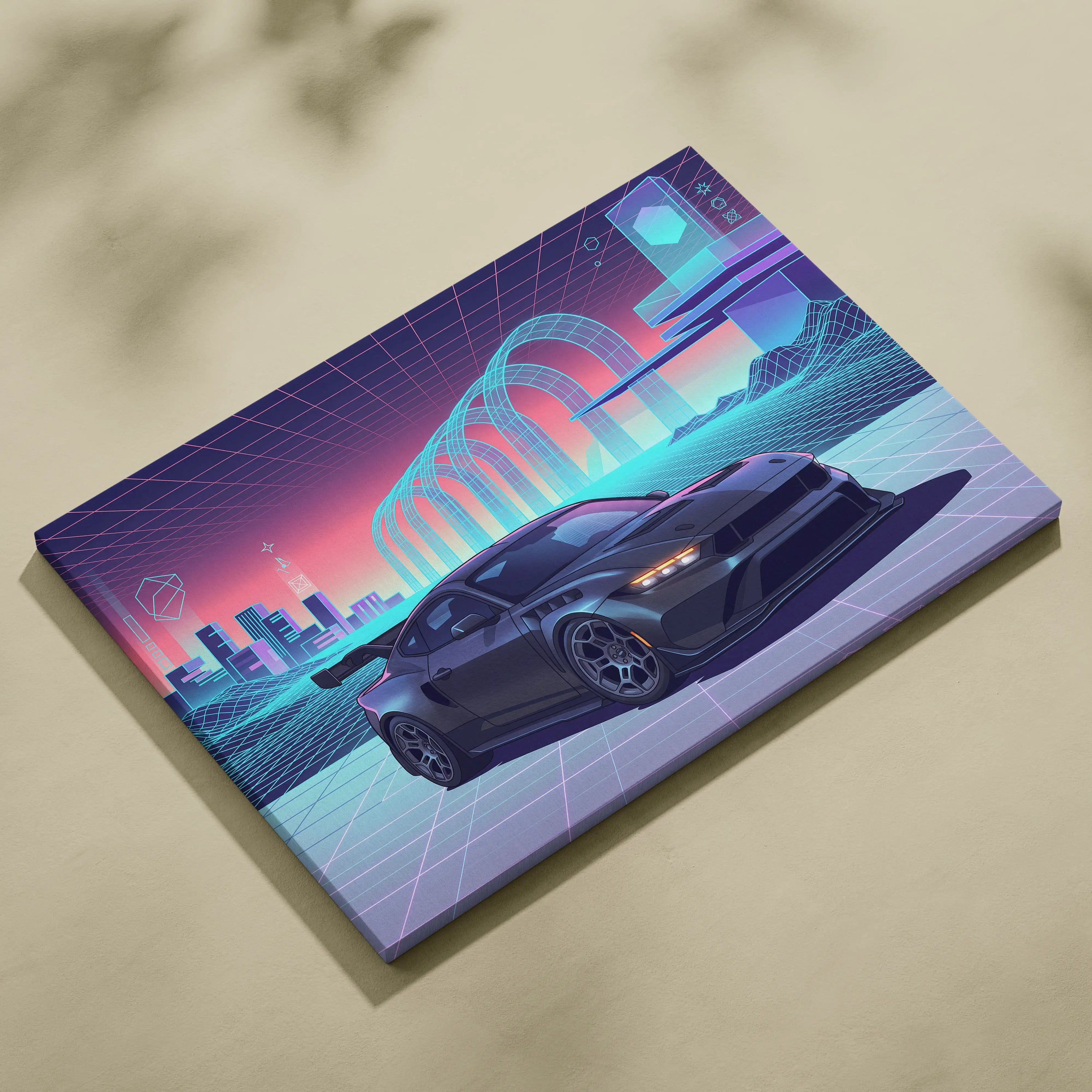 Ford Mustang Dark Horse Inspired Gray Purple Canvas Wall Art, Vaporwave Muscle Car Artwork, Neon Grid Garage Decor, Retro Futuristic Auto Print