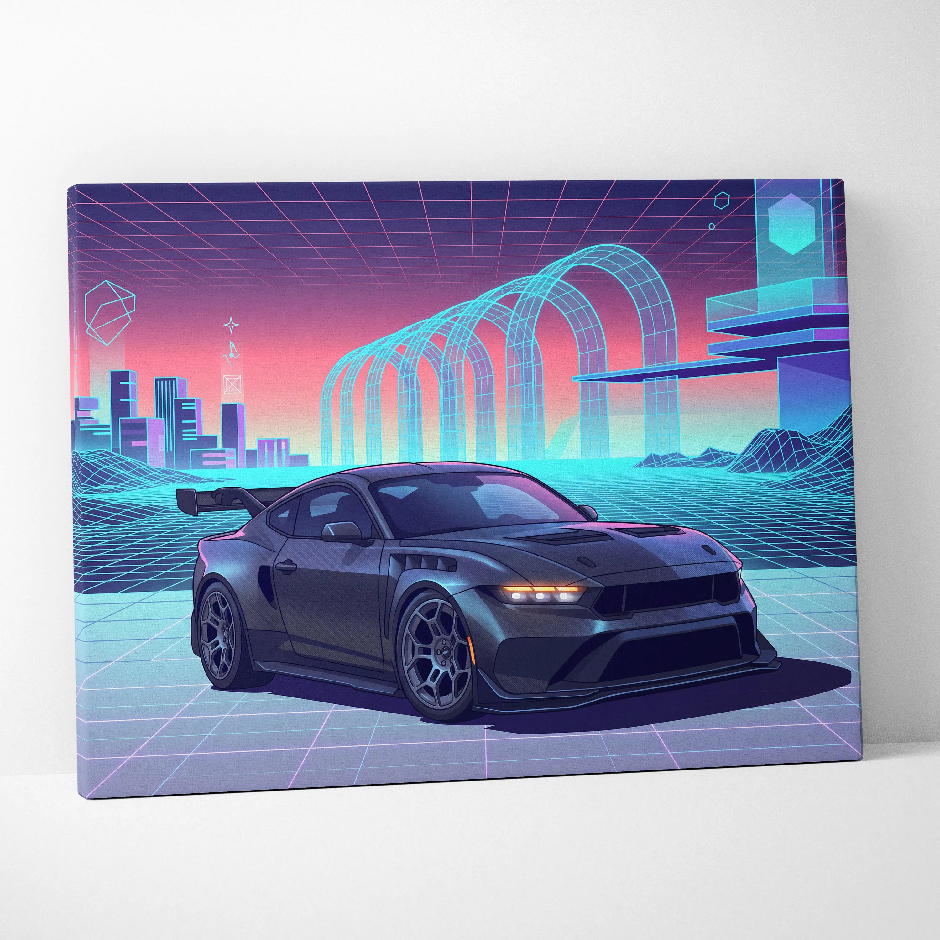 Ford Mustang Dark Horse Inspired Gray Purple Canvas Wall Art, Vaporwave Muscle Car Artwork, Neon Grid Garage Decor, Retro Futuristic Auto Print