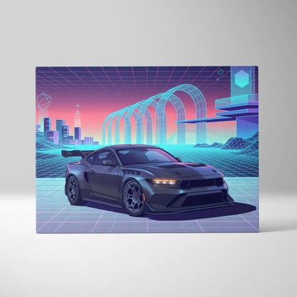 Ford Mustang Dark Horse Inspired Gray Purple Canvas Wall Art, Vaporwave Muscle Car Artwork, Neon Grid Garage Decor, Retro Futuristic Auto Print