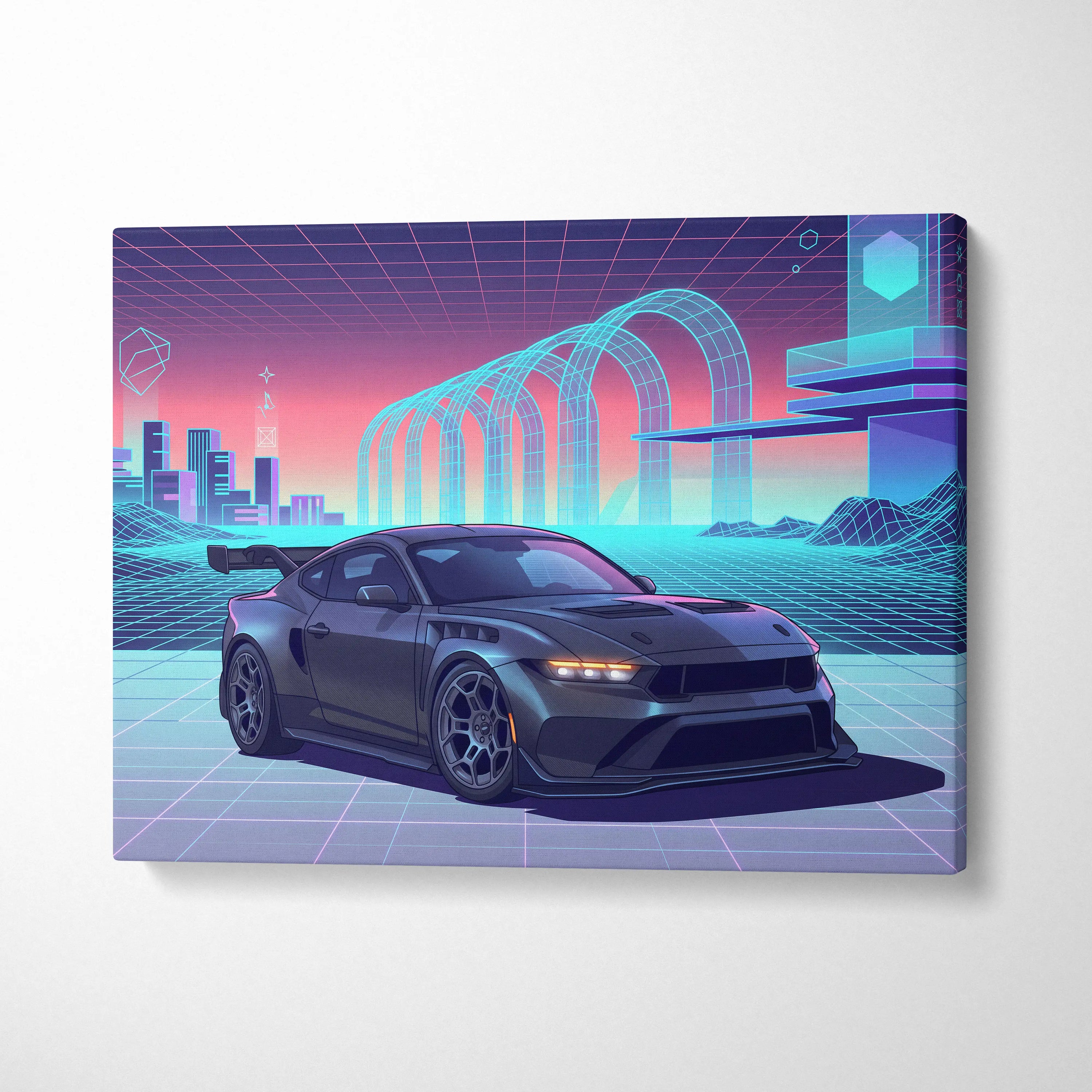 Ford Mustang Dark Horse Inspired Gray Purple Canvas Wall Art, Vaporwave Muscle Car Artwork, Neon Grid Garage Decor, Retro Futuristic Auto Print