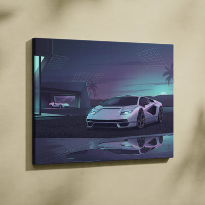 Lamborghini Countach Inspired White Purple Canvas Wall Art, Vaporwave Supercar Artwork, Neon Palm Garage Decor, Retro Futuristic Exotic Print