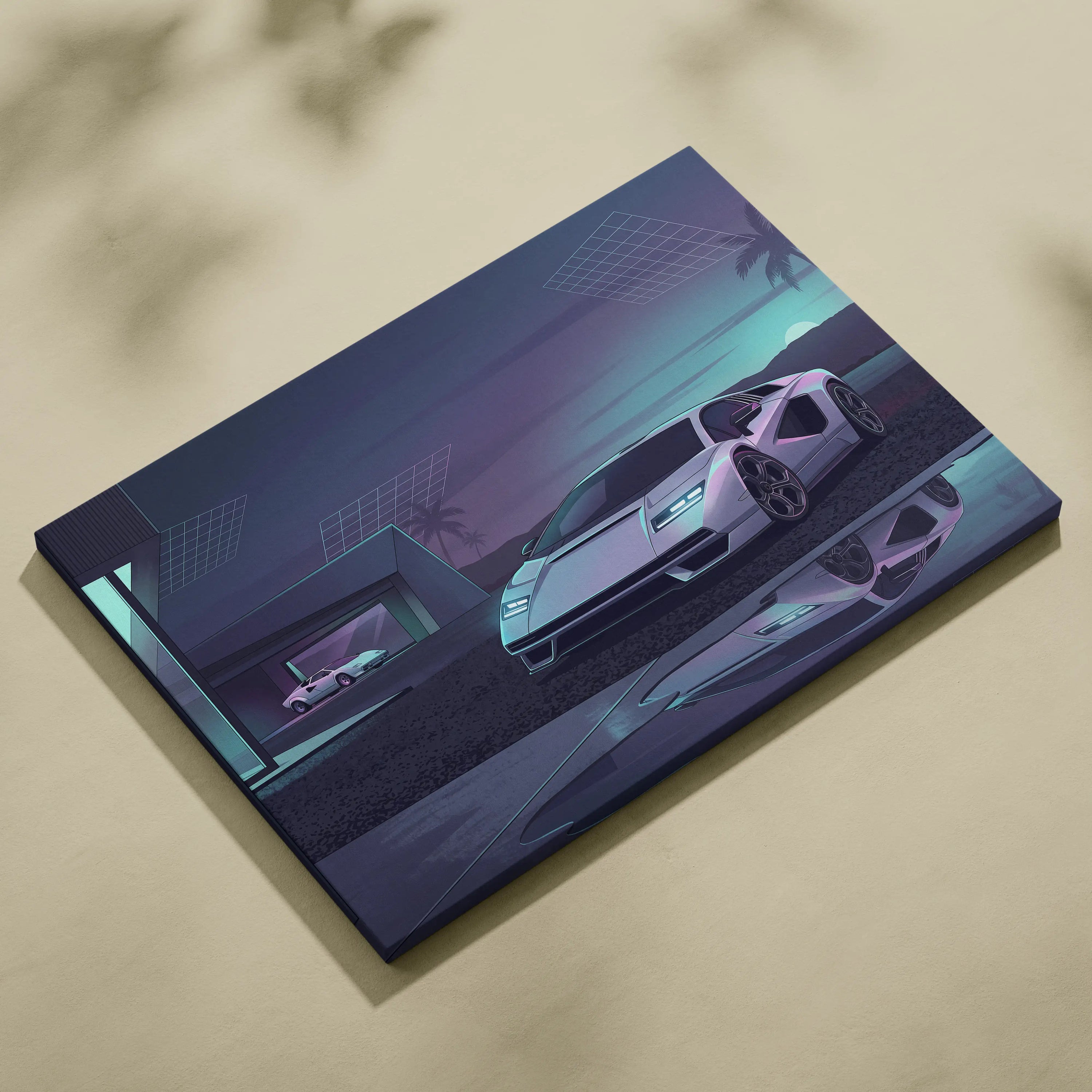 Lamborghini Countach Inspired White Purple Canvas Wall Art, Vaporwave Supercar Artwork, Neon Palm Garage Decor, Retro Futuristic Exotic Print