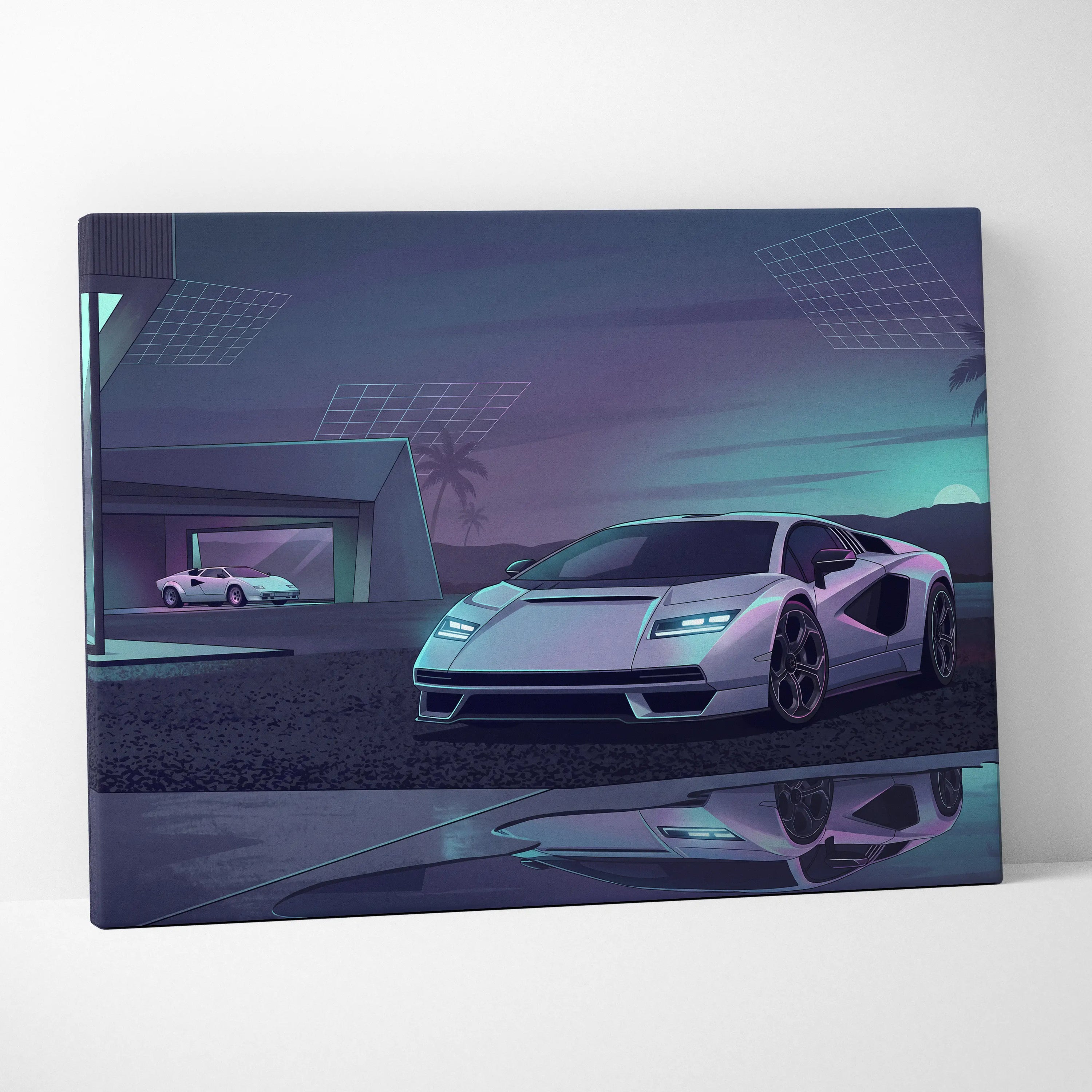 Lamborghini Countach Inspired White Purple Canvas Wall Art, Vaporwave Supercar Artwork, Neon Palm Garage Decor, Retro Futuristic Exotic Print