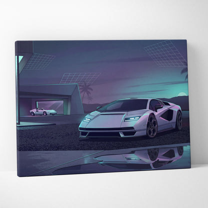 Lamborghini Countach Inspired White Purple Canvas Wall Art, Vaporwave Supercar Artwork, Neon Palm Garage Decor, Retro Futuristic Exotic Print