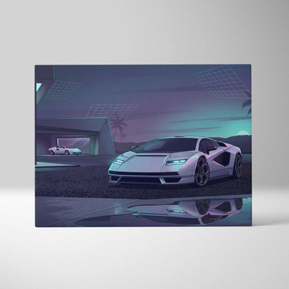 Lamborghini Countach Inspired White Purple Canvas Wall Art, Vaporwave Supercar Artwork, Neon Palm Garage Decor, Retro Futuristic Exotic Print