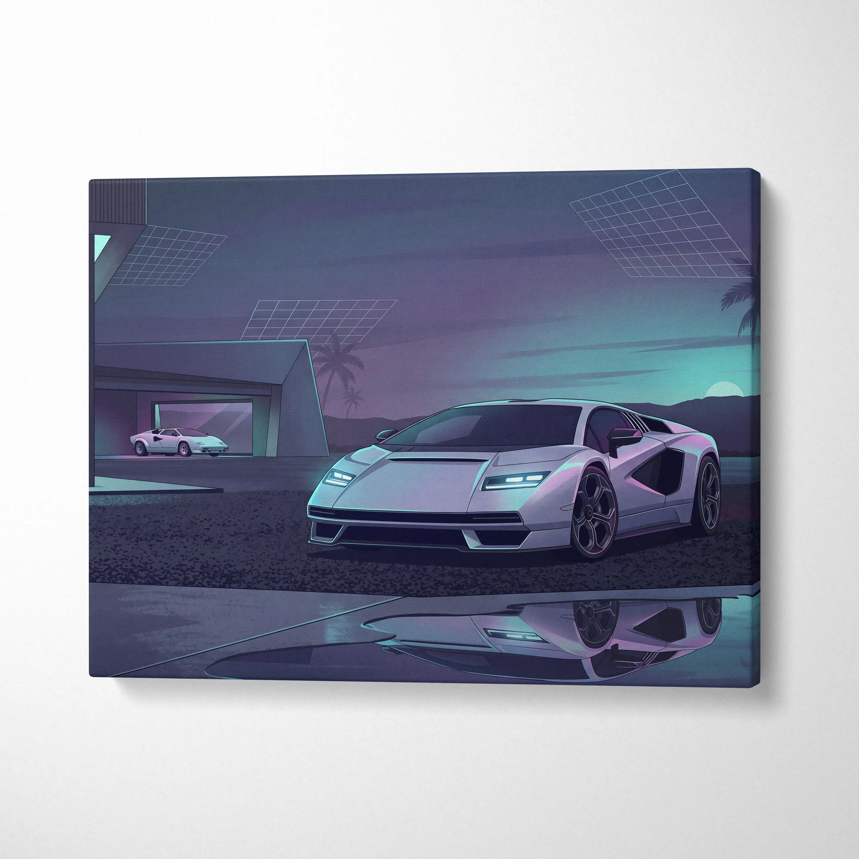 Lamborghini Countach Inspired White Purple Canvas Wall Art, Vaporwave Supercar Artwork, Neon Palm Garage Decor, Retro Futuristic Exotic Print