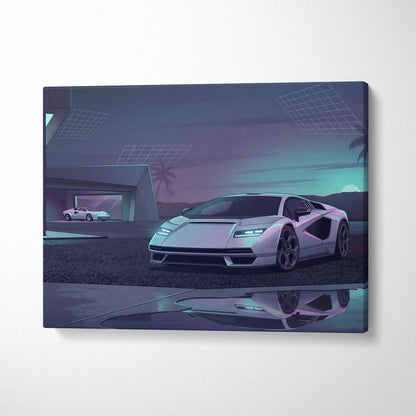 Lamborghini Countach Inspired White Purple Canvas Wall Art, Vaporwave Supercar Artwork, Neon Palm Garage Decor, Retro Futuristic Exotic Print