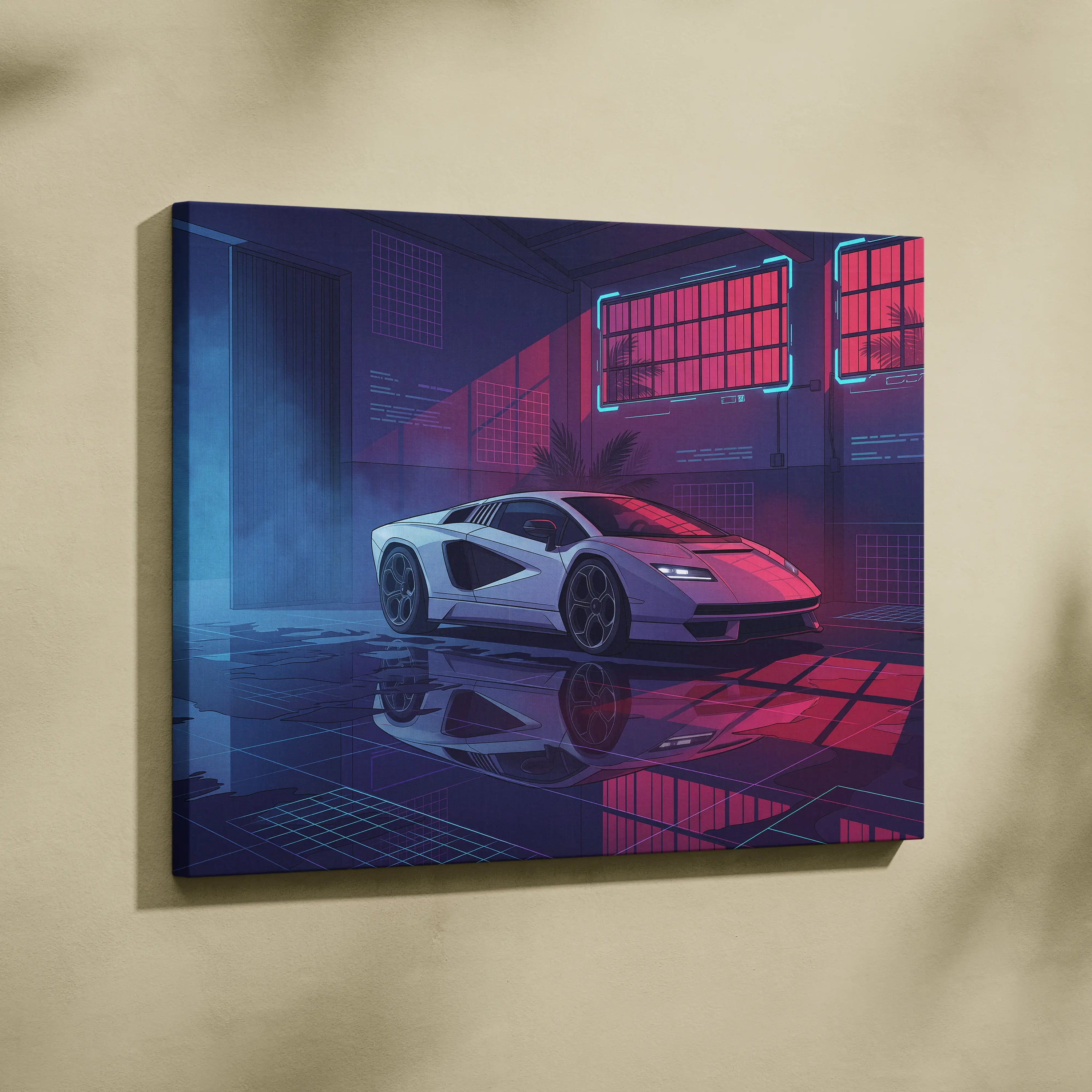 Lamborghini Countach LP 800 Inspired White Purple Canvas Wall Art, Vaporwave Supercar Artwork, Neon Warehouse Decor, Retro Futuristic Exotic Print