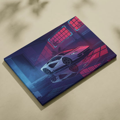 Lamborghini Countach LP 800 Inspired White Purple Canvas Wall Art, Vaporwave Supercar Artwork, Neon Warehouse Decor, Retro Futuristic Exotic Print