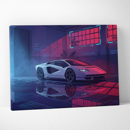 Lamborghini Countach LP 800 Inspired White Purple Canvas Wall Art, Vaporwave Supercar Artwork, Neon Warehouse Decor, Retro Futuristic Exotic Print