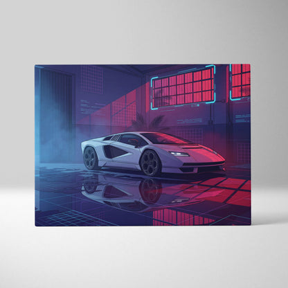 Lamborghini Countach LP 800 Inspired White Purple Canvas Wall Art, Vaporwave Supercar Artwork, Neon Warehouse Decor, Retro Futuristic Exotic Print