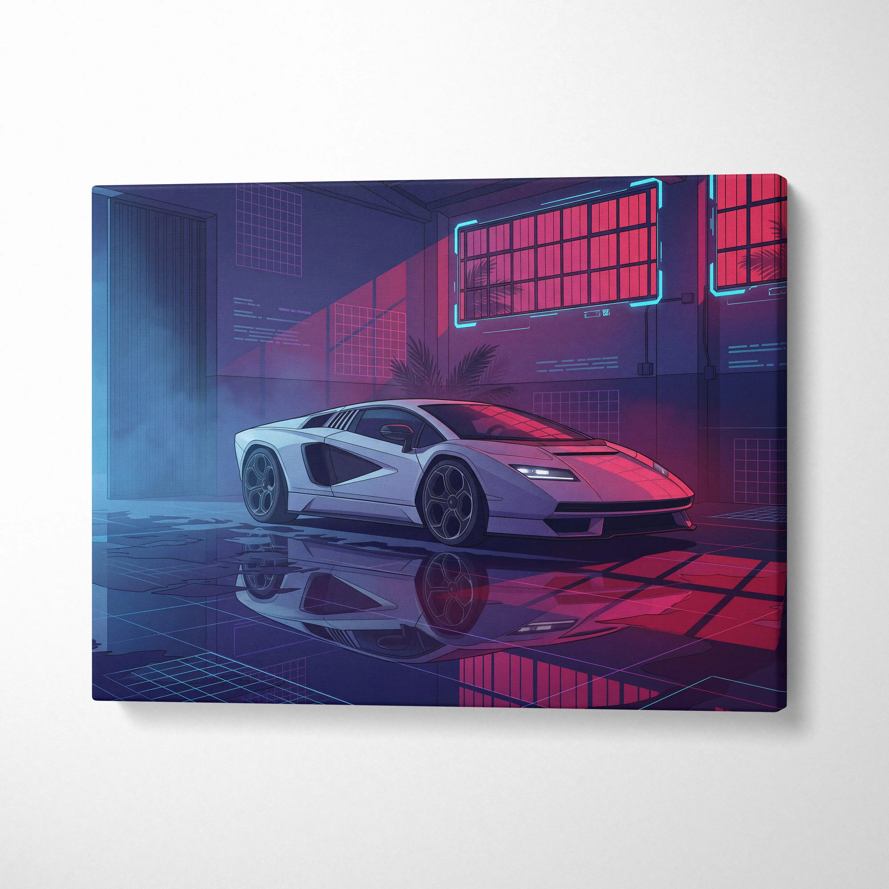 Lamborghini Countach LP 800 Inspired White Purple Canvas Wall Art, Vaporwave Supercar Artwork, Neon Warehouse Decor, Retro Futuristic Exotic Print