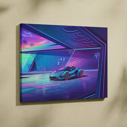Lamborghini Sian Roadster Inspired Teal Purple Canvas Wall Art, Neon Vaporwave Hypercar Artwork for Futuristic Garage Decor