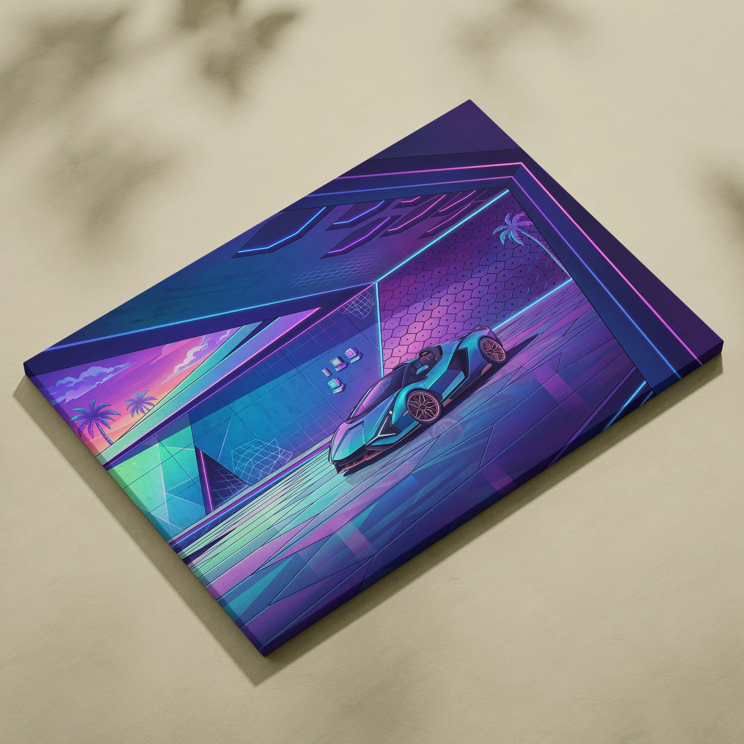 Lamborghini Sian Roadster Inspired Teal Purple Canvas Wall Art, Neon Vaporwave Hypercar Artwork for Futuristic Garage Decor