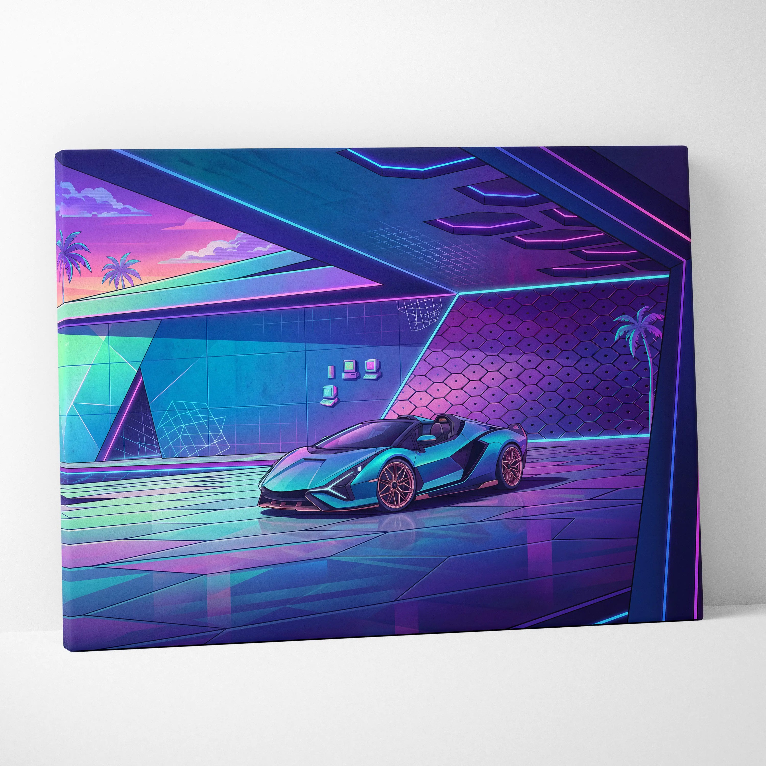 Lamborghini Sian Roadster Inspired Teal Purple Canvas Wall Art, Neon Vaporwave Hypercar Artwork for Futuristic Garage Decor
