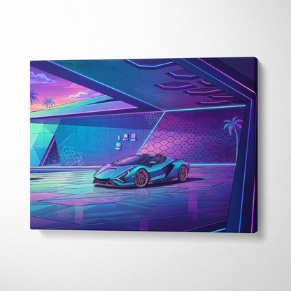 Lamborghini Sian Roadster Inspired Teal Purple Canvas Wall Art, Neon Vaporwave Hypercar Artwork for Futuristic Garage Decor