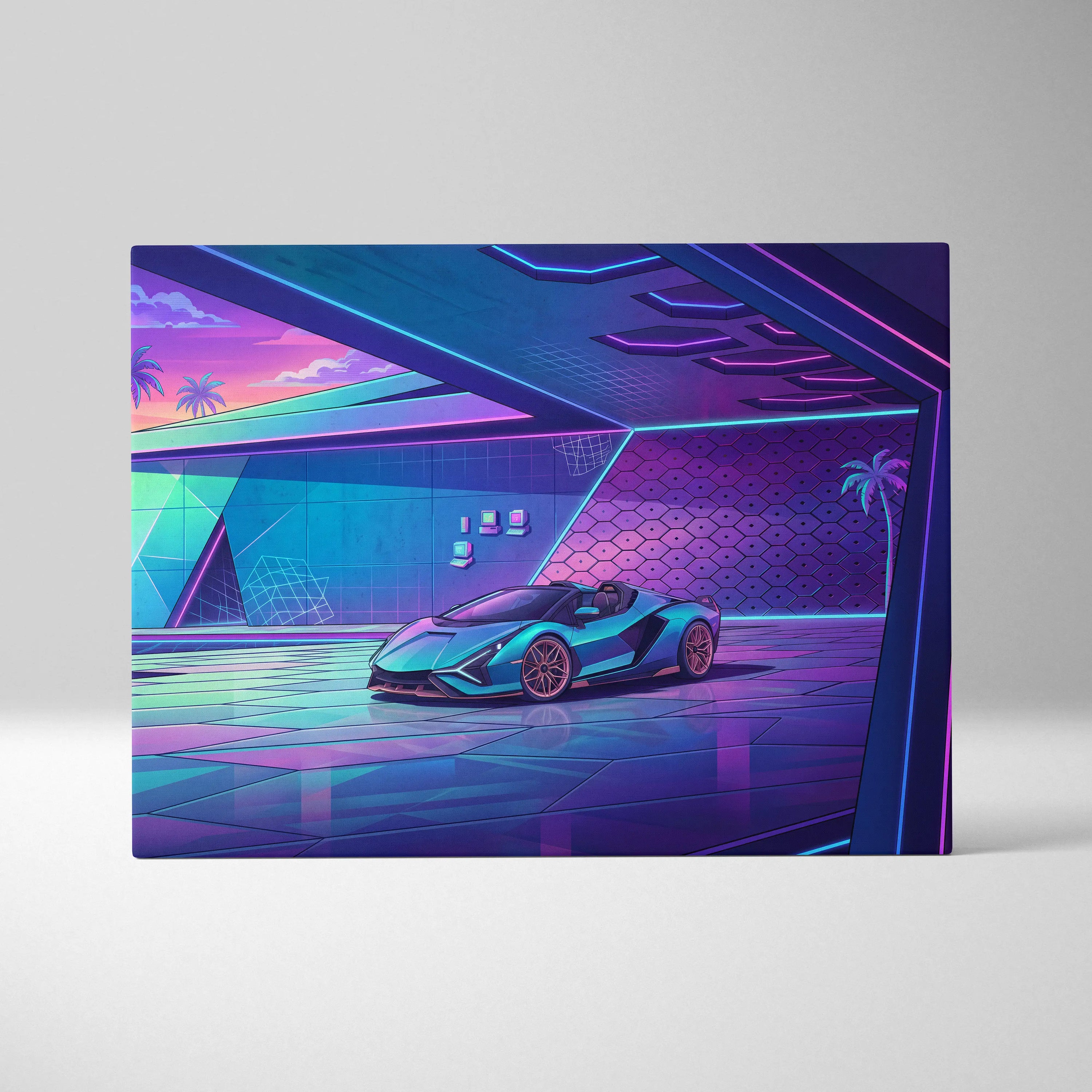 Lamborghini Sian Roadster Inspired Teal Purple Canvas Wall Art, Neon Vaporwave Hypercar Artwork for Futuristic Garage Decor