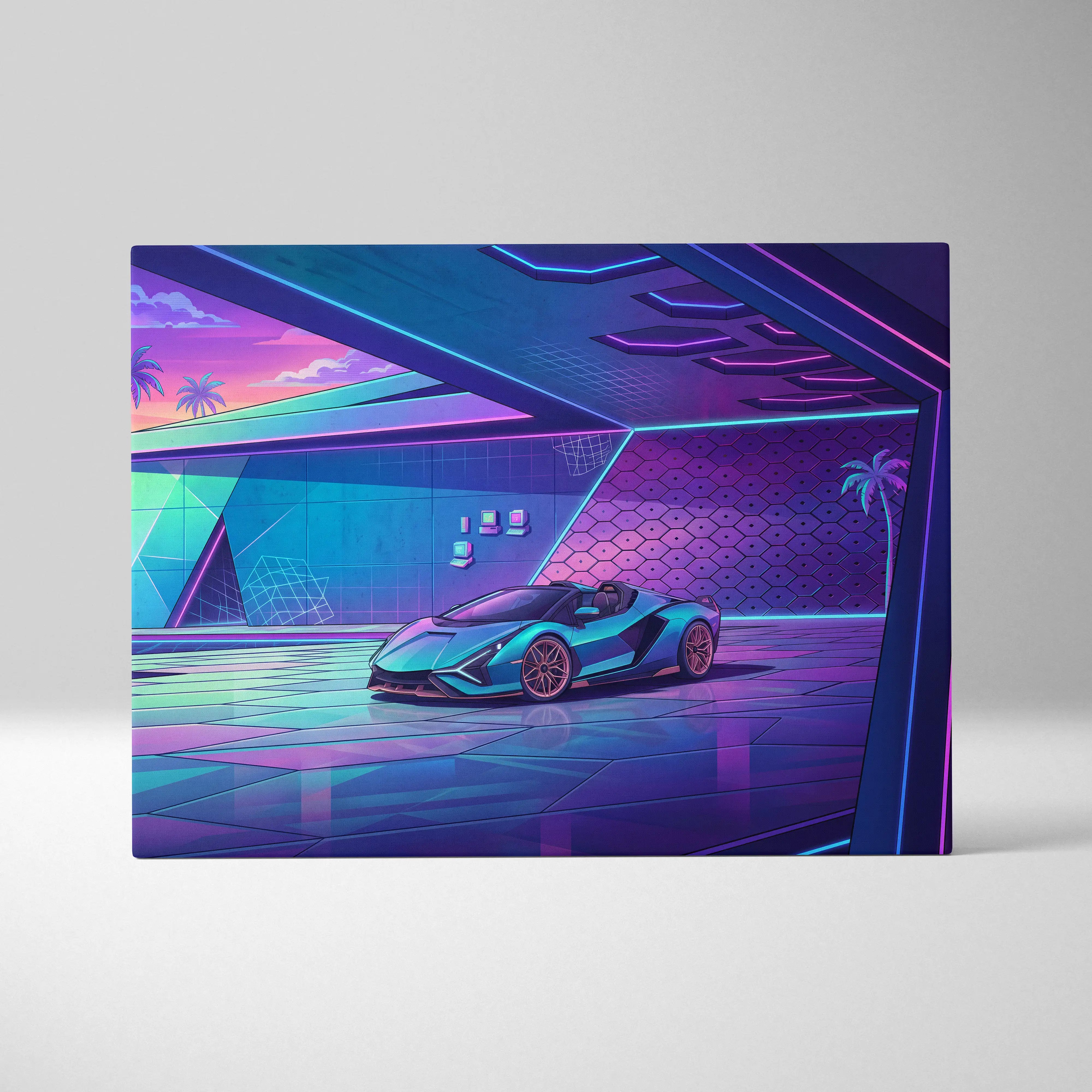 Lamborghini Sian Roadster Inspired Teal Purple Canvas Wall Art, Neon Vaporwave Hypercar Artwork for Futuristic Garage Decor