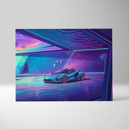 Lamborghini Sian Roadster Inspired Teal Purple Canvas Wall Art, Neon Vaporwave Hypercar Artwork for Futuristic Garage Decor