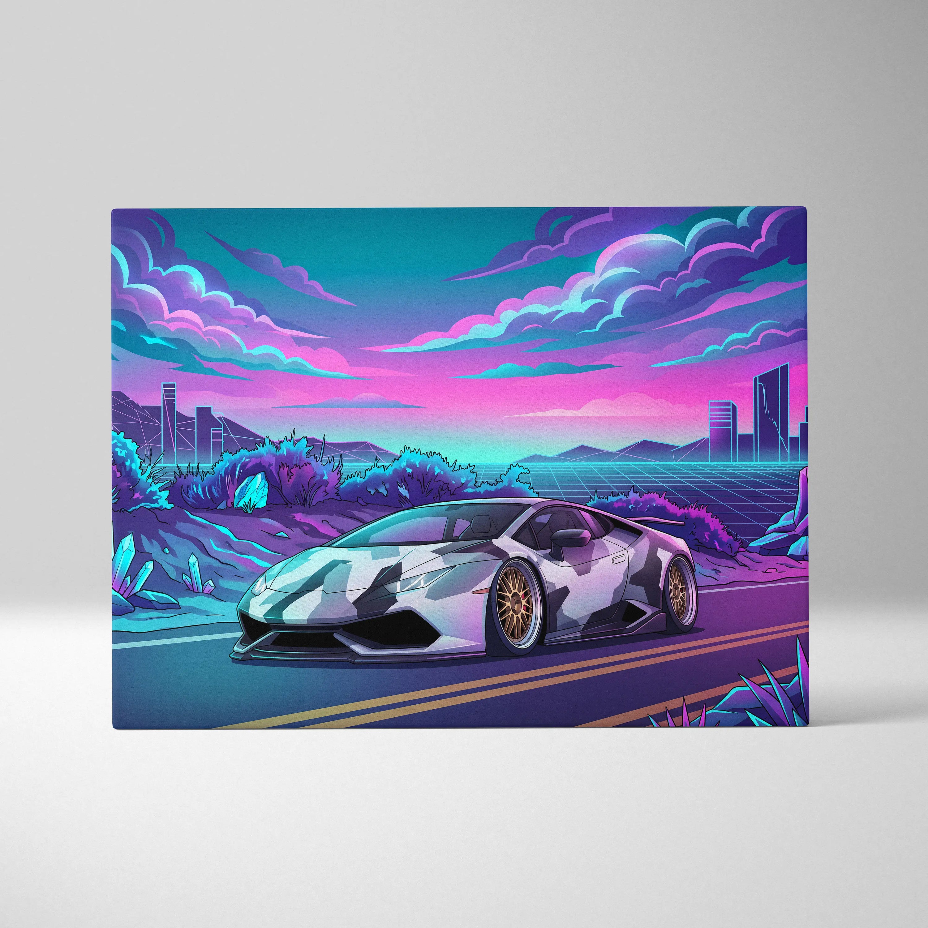 Lamborghini Huracan Inspired White Purple Canvas Wall Art Vaporwave Supercar Artwork, Neon Desert City Garage Decor Print