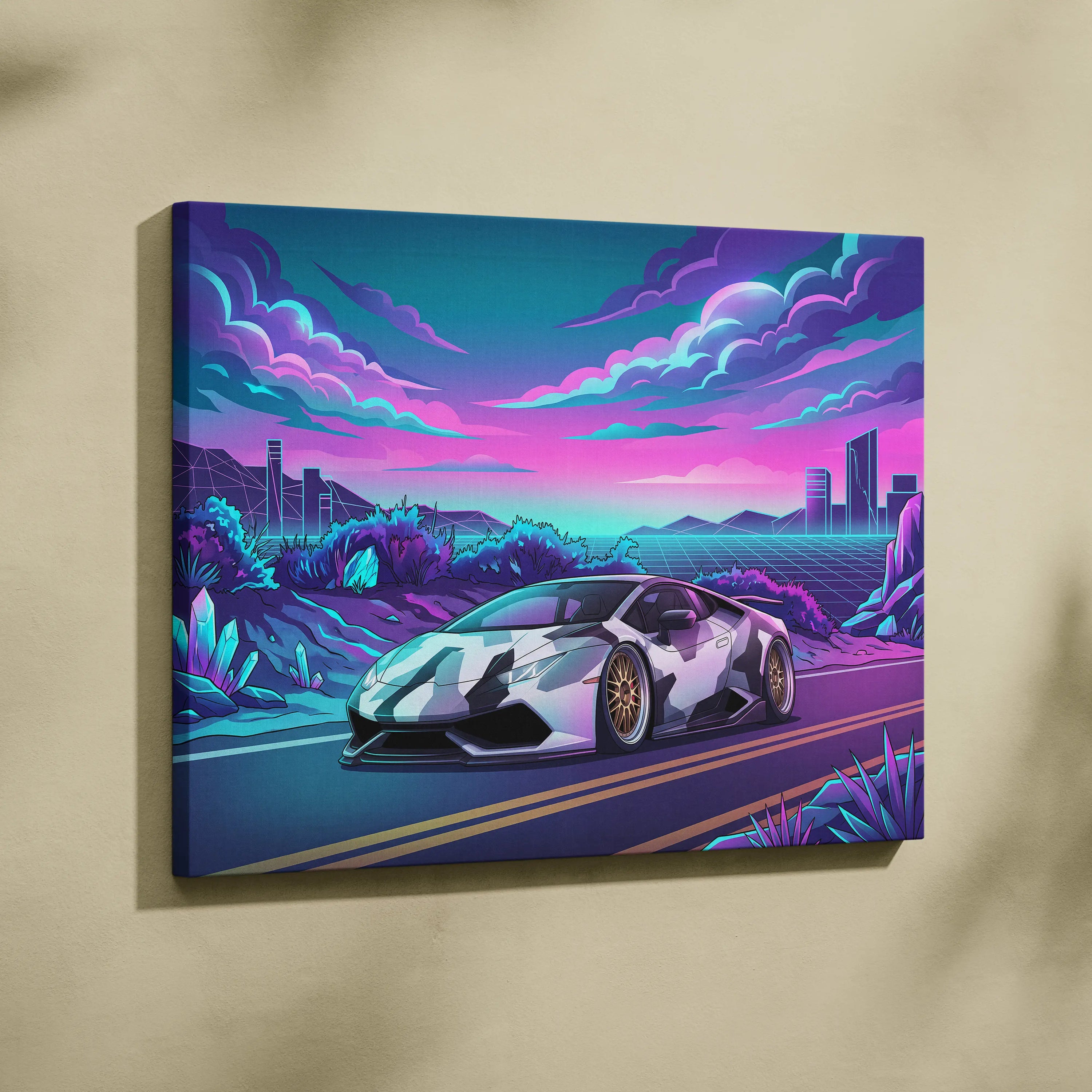 Lamborghini Huracan Inspired White Purple Canvas Wall Art Vaporwave Supercar Artwork, Neon Desert City Garage Decor Print
