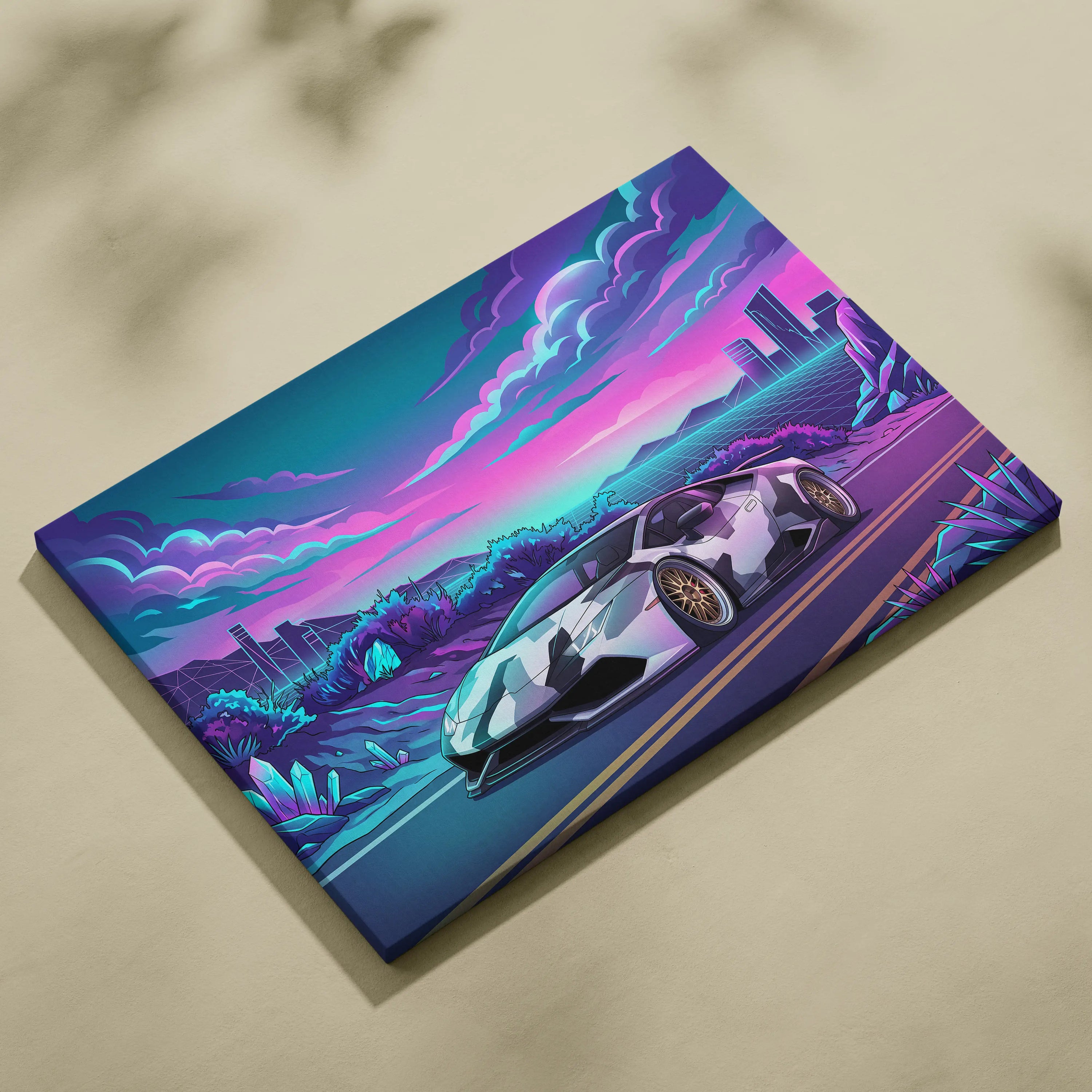 Lamborghini Huracan Inspired White Purple Canvas Wall Art Vaporwave Supercar Artwork, Neon Desert City Garage Decor Print