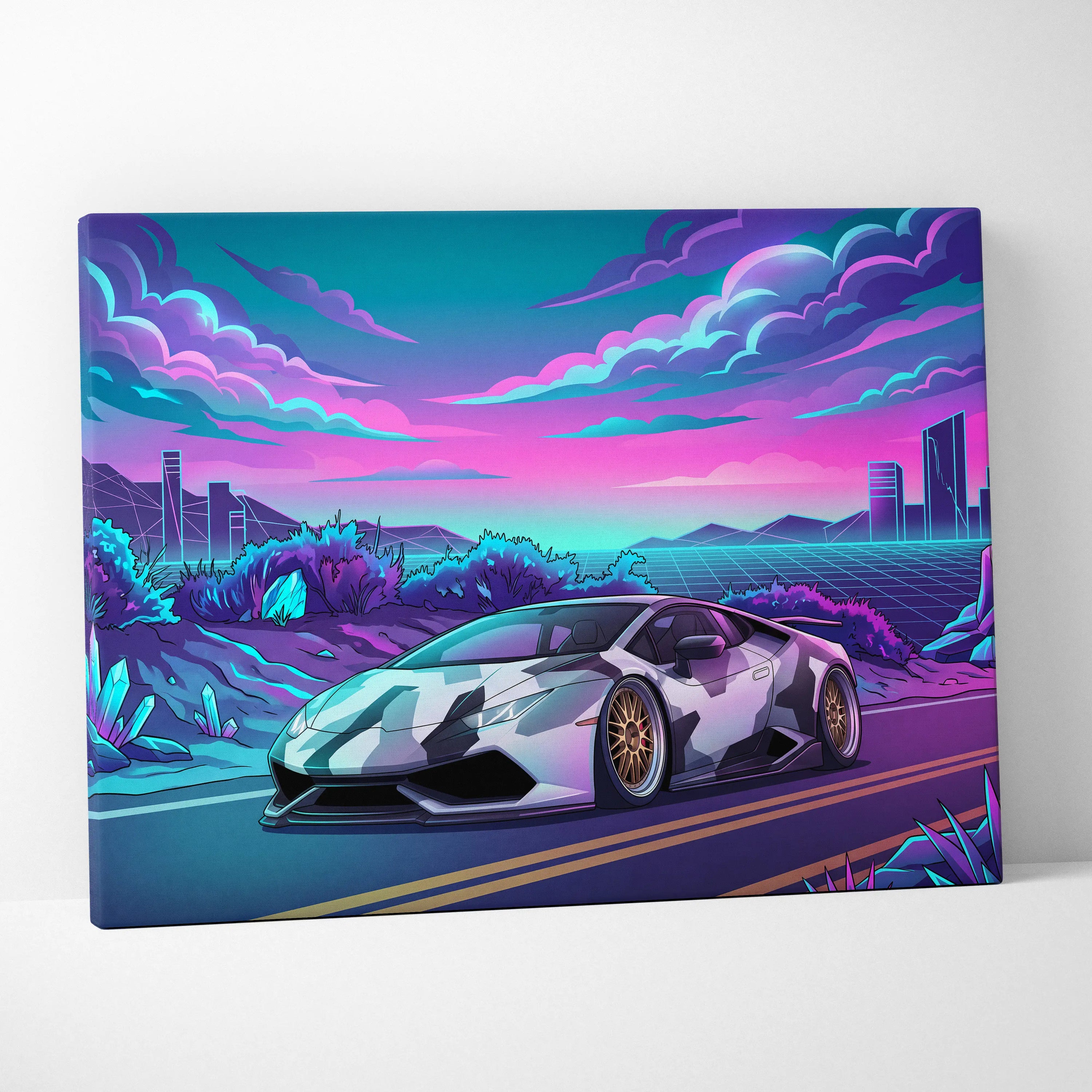 Lamborghini Huracan Inspired White Purple Canvas Wall Art Vaporwave Supercar Artwork, Neon Desert City Garage Decor Print