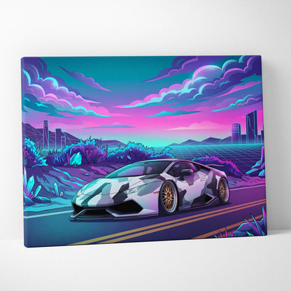 Lamborghini Huracan Inspired White Purple Canvas Wall Art Vaporwave Supercar Artwork, Neon Desert City Garage Decor Print