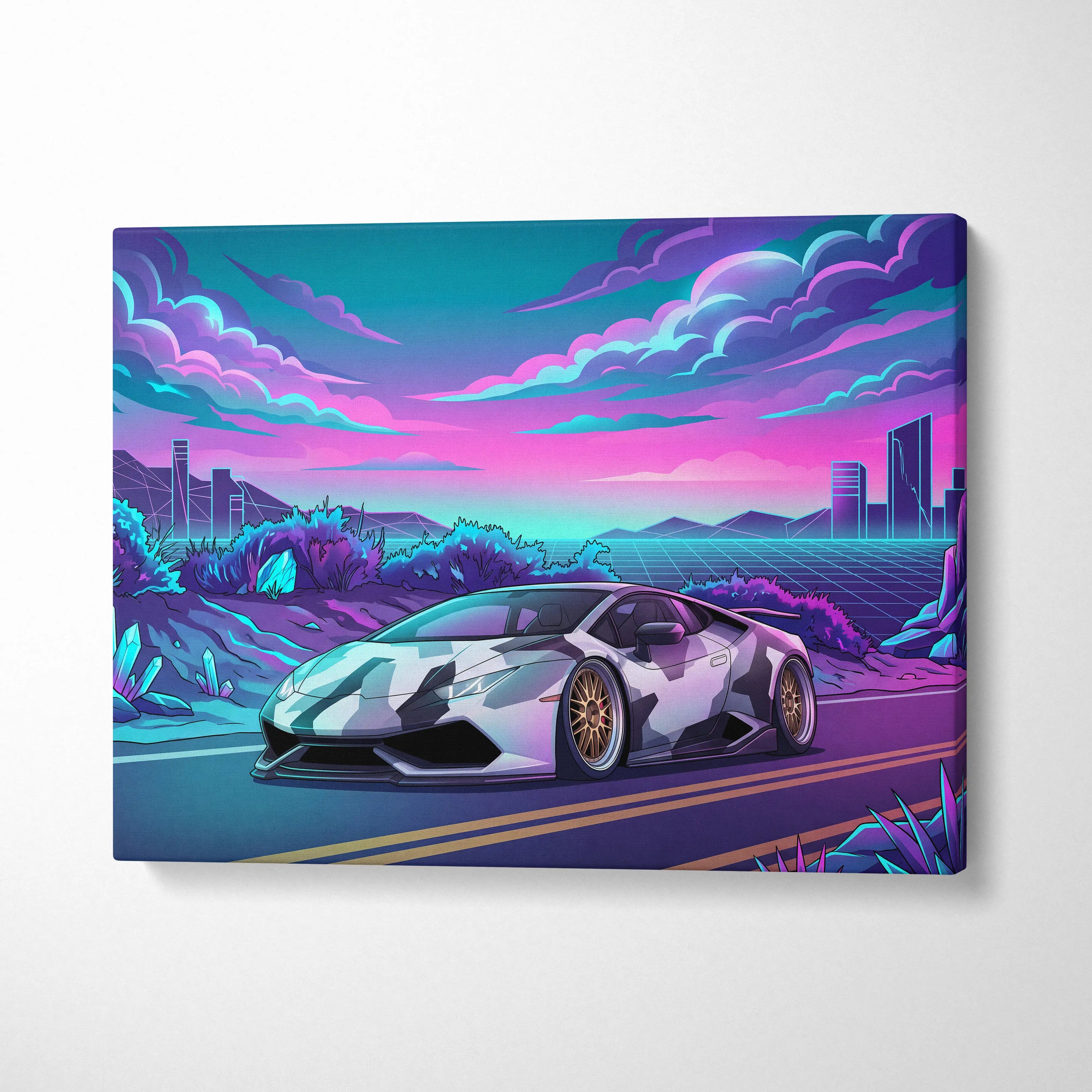 Lamborghini Huracan Inspired White Purple Canvas Wall Art Vaporwave Supercar Artwork, Neon Desert City Garage Decor Print