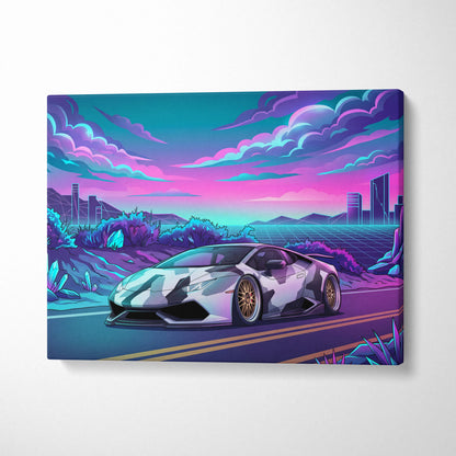 Lamborghini Huracan Inspired White Purple Canvas Wall Art Vaporwave Supercar Artwork, Neon Desert City Garage Decor Print