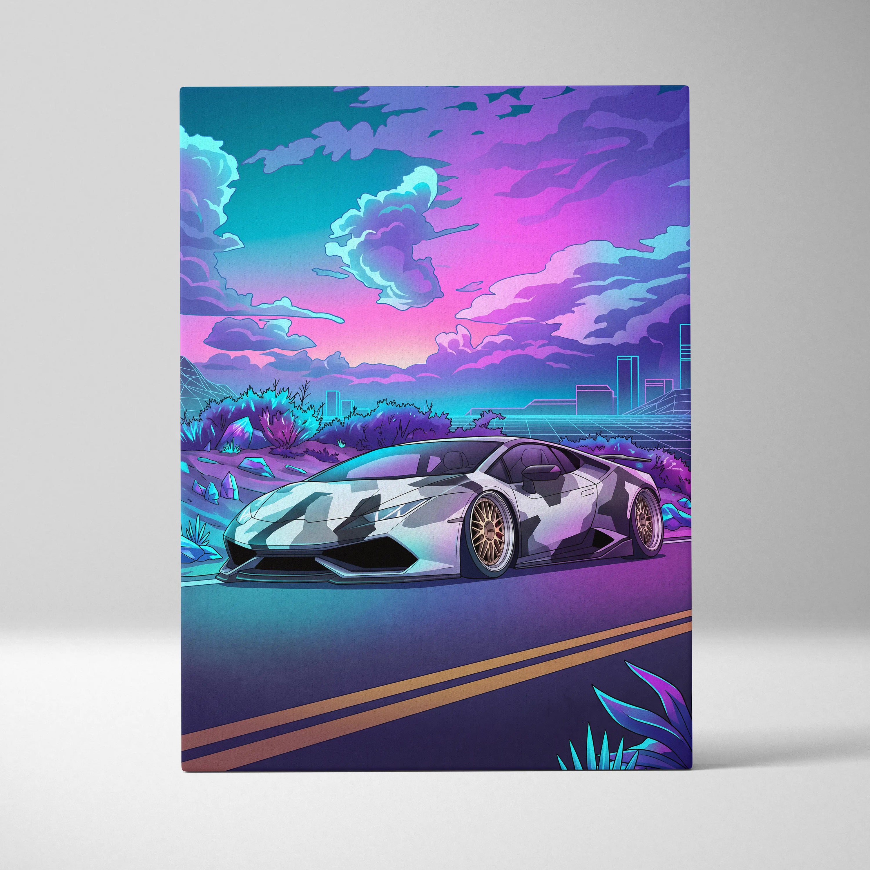 Lamborghini Huracan Inspired White Purple Canvas Wall Art Vaporwave Supercar Artwork, Neon Desert City Garage Decor Print
