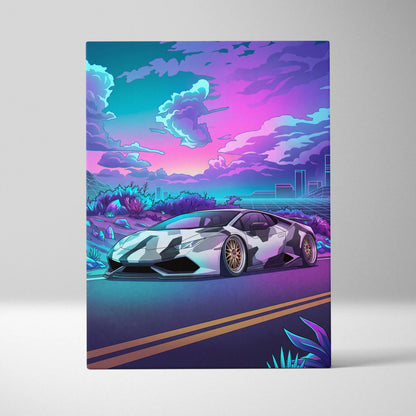 Lamborghini Huracan Inspired White Purple Canvas Wall Art Vaporwave Supercar Artwork, Neon Desert City Garage Decor Print