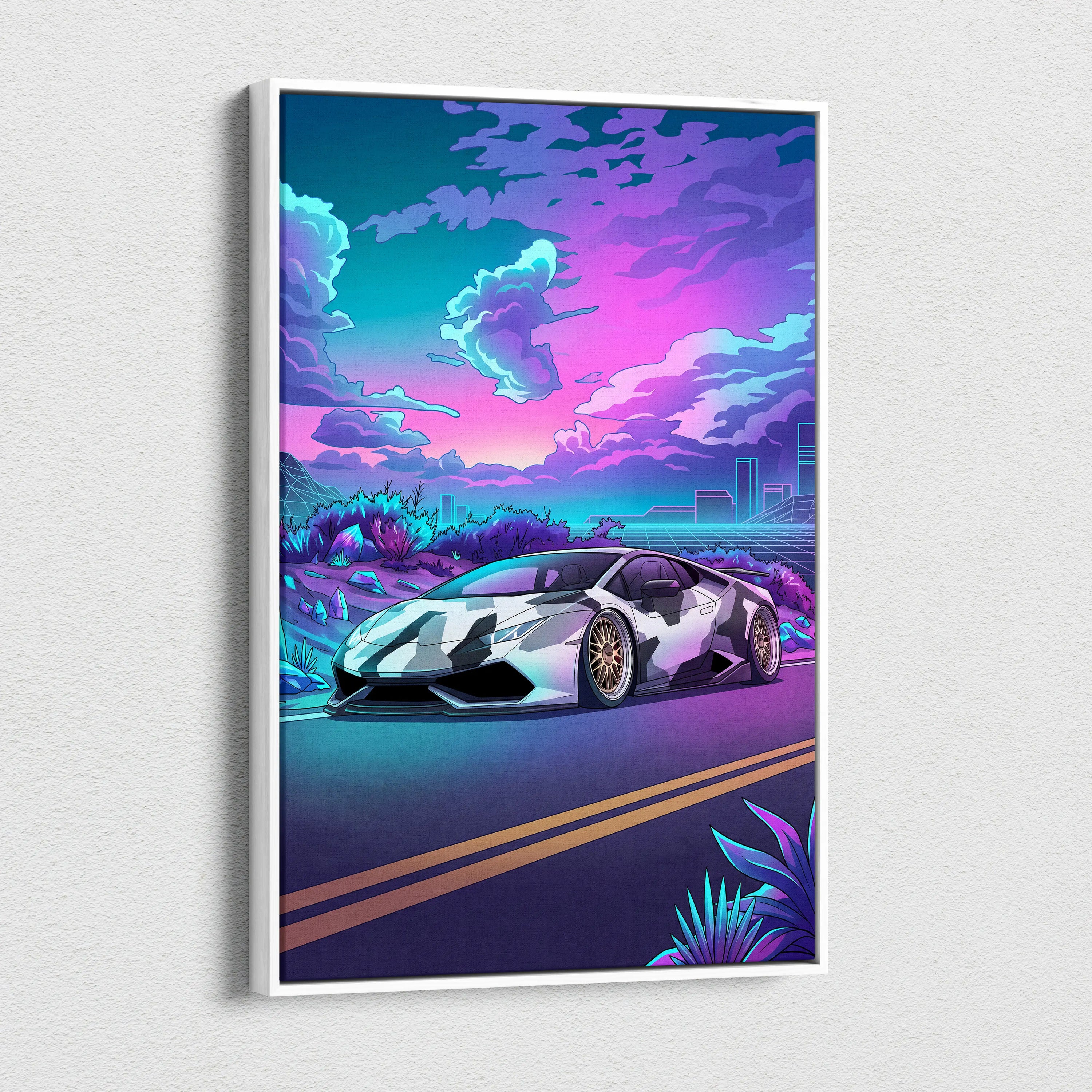 Lamborghini Huracan Inspired White Purple Canvas Wall Art Vaporwave Supercar Artwork, Neon Desert City Garage Decor Print