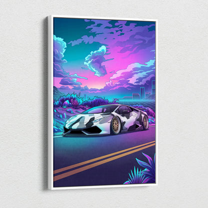 Lamborghini Huracan Inspired White Purple Canvas Wall Art Vaporwave Supercar Artwork, Neon Desert City Garage Decor Print